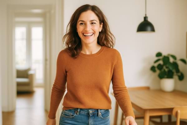 femme riant spontanément, ambiance joyeuse, scène naturelle