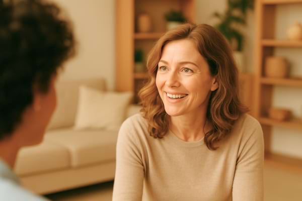 femme discutant avec intérêt, expression curieuse, ambiance chaleureuse