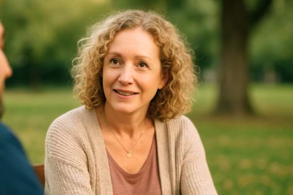 femme au regard bienveillant, ambiance douce et réconfortante