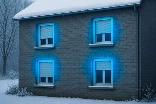 Maison vue de l’extérieur en hiver, avec des zones bleues illustrant les pertes de chaleur autour des fenêtres