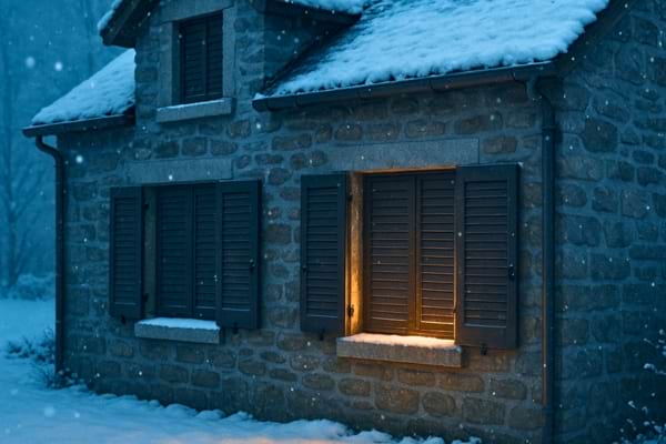 Volets fermés sur une maison en pierre en hiver, neige légère, ambiance chaleureuse