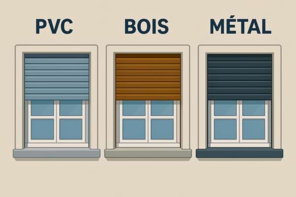 Comparatif visuel de trois types de volets (PVC, bois, métal) sous forme de panneau explicatif