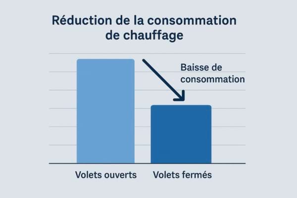 Graphique simple montrant une baisse de consommation de chauffage grâce aux volets fermés