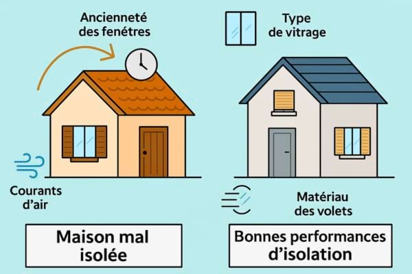 un dessin représentant une maison bien isolée et mal isolée