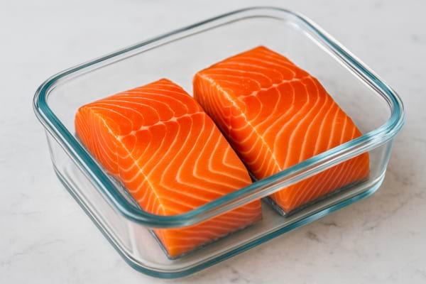 Du saumon dans un récipient en verre pour éviter le film plastique