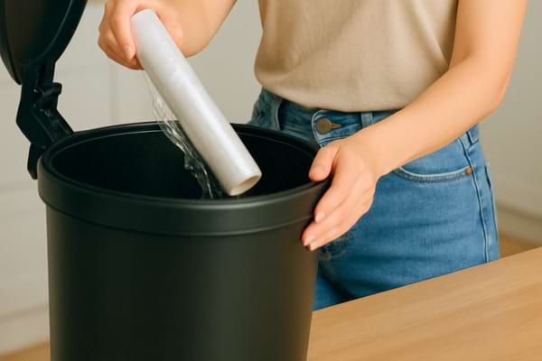 Une femme qui jette un rouleau de film alimentaire