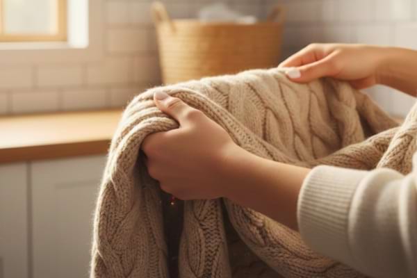 une femme qui retroune son pull à l'envers avant de mettre en machine