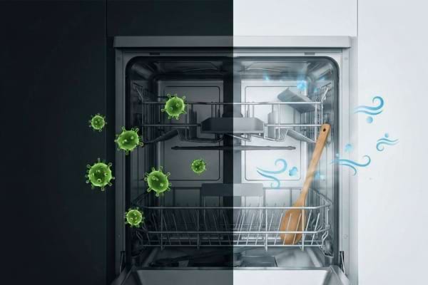 moitié de l'image montre un lave-vaisselle des bactéries, l'autre moitié montre un lave-vaisselle aéré