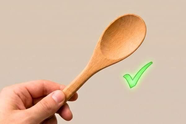 Photo macro, main tenant une cuillère en bois propre et lisse, fond neutre,