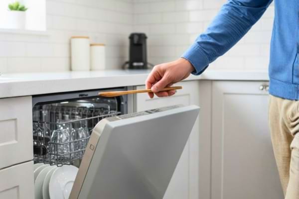 Un homme qui pose une cuillère en bois en haut de son lave vaisselle 