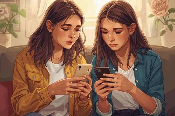 Deux jeunes femmes concentrées regardent leur téléphone côte à côte.