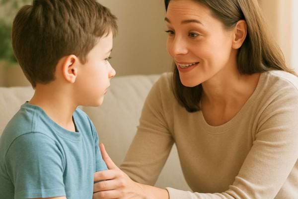 Une mere parle doucement a son fils assis en face d’elle.