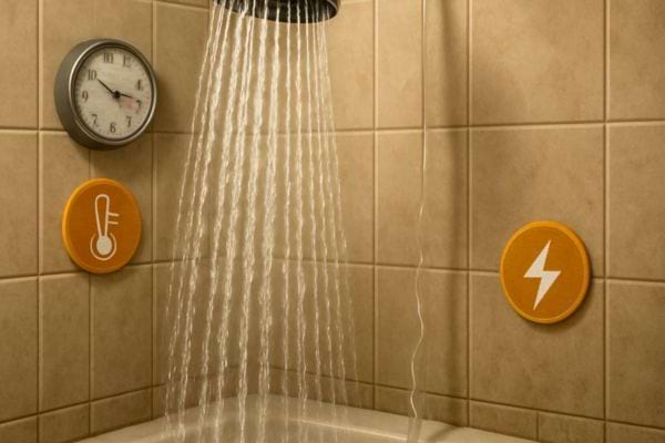Une douche coule sous un pommeau avec une horloge et deux ic&ocirc;nes murales indiquant temp&eacute;rature et &eacute;nergie.