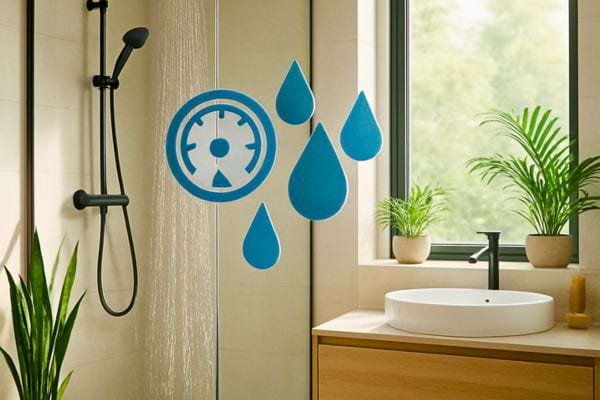 Une douche moderne s&rsquo;&eacute;coule devant des ic&ocirc;nes bleues repr&eacute;sentant la pression et l&rsquo;&eacute;conomie d&rsquo;eau.
