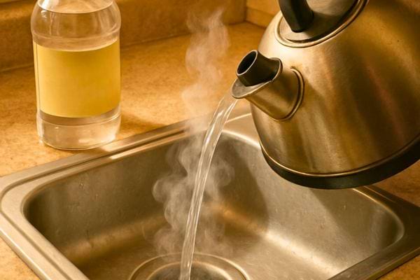 bouilloire versant de l eau chaude dans un evier metallique.