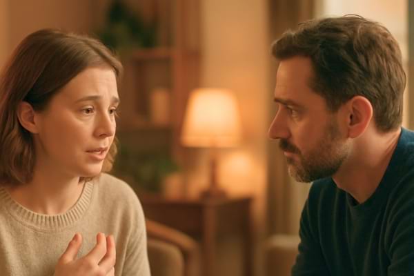 Couple discutant calmement dans un salon, ton neutre et mature