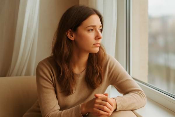Femme assise seule près d’une fenêtre, regard pensif,