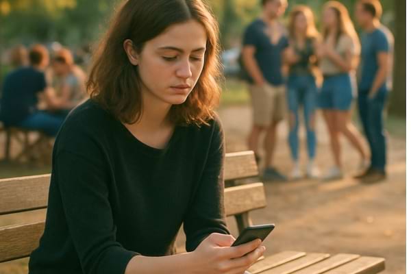 Femme regardant son portable sur un banc dehors