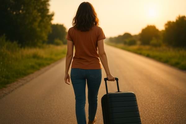 Femme qui part sur une route avec un bagage