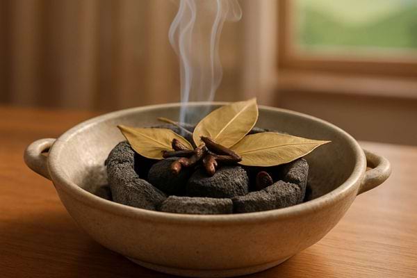 Un melange de feuilles et clous de girofle fume dans un bol en terre.
