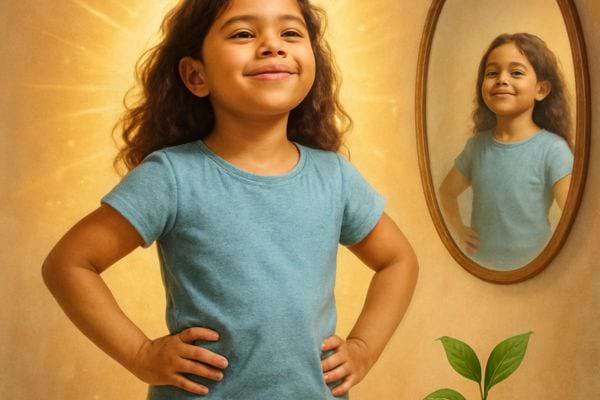 Une enfant fi&egrave;re se tient devant un miroir en souriant avec assurance.