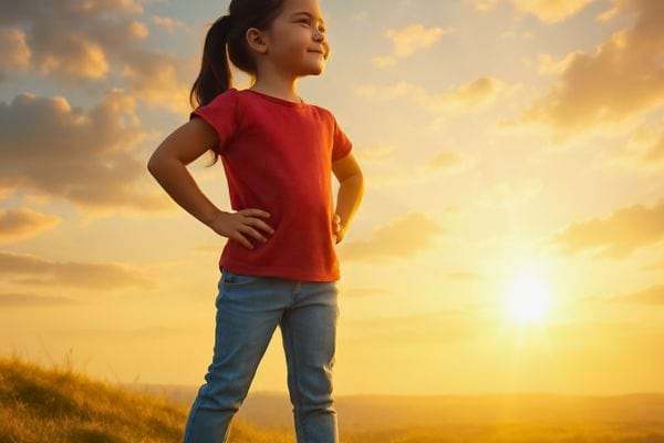 Une enfant debout au soleil adopte une pose confiante sur une colline.