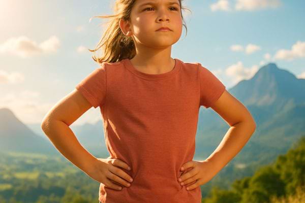Une enfant regarde l&rsquo;horizon avec une posture d&eacute;termin&eacute;e devant des montagnes.