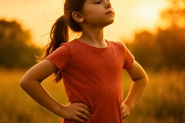 Une enfant ferme les yeux avec assurance au coucher du soleil.