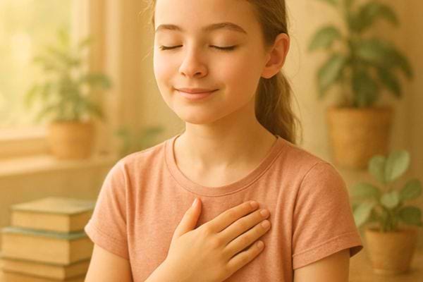 Une enfant m&eacute;dite calmement, la main sur le c&oelig;ur, dans une pi&egrave;ce ensoleill&eacute;e.
