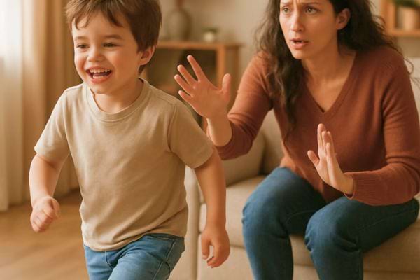 Un petit garcon rit et s’enfuit tandis que sa mere tente de le stopper.