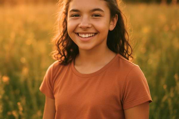 Une enfant sourit doucement dans un champ ensoleill&eacute; au coucher du soleil.