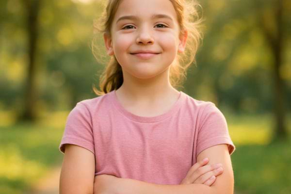 Une enfant sourit l&eacute;g&egrave;rement, les bras crois&eacute;s dans un parc ensoleill&eacute;.