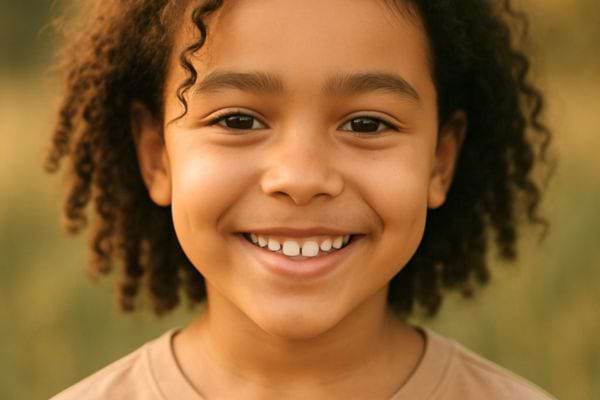 Un enfant sourit chaleureusement en regardant l&rsquo;objectif.