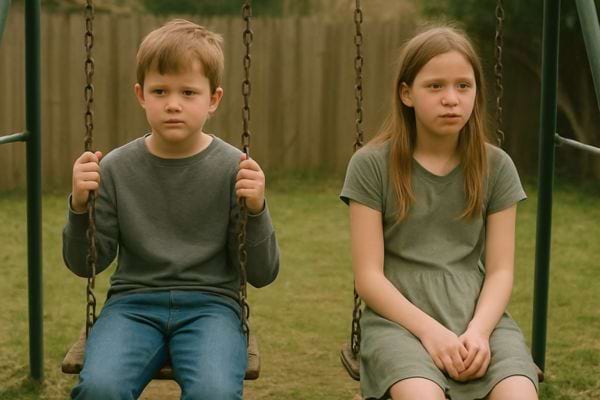 Deux enfants assis sur une balan&ccedil;oire restent immobiles et silencieux.