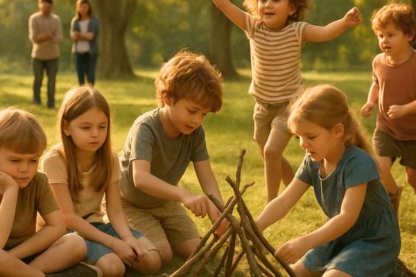 Des enfants construisent une petite structure en bois dans un parc ensoleill&eacute;.