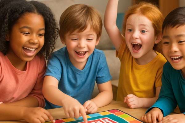 Des enfants rient ensemble en jouant a un jeu de societe colore sur une table.