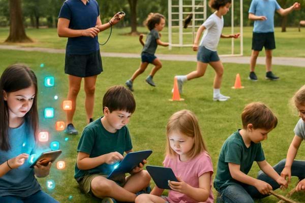 Des enfants utilisent des tablettes pendant que d&rsquo;autres courent et jouent dehors.