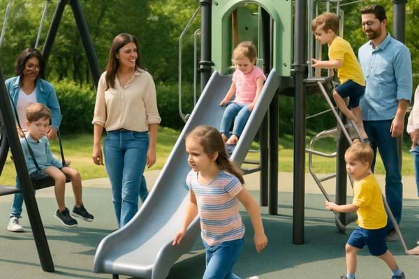 Des enfants jouent sur un toboggan sous la surveillance de plusieurs adultes.