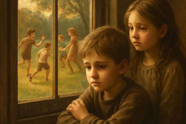 Deux enfants regardent par la fen&ecirc;tre les autres jouer dehors, l&rsquo;air triste.