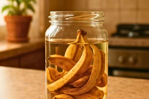  des peaux de banane infusent dans un bocal rempli deau.