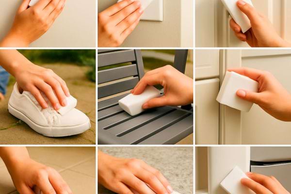 Mains utilisant une eponge magique sur diverses surfaces de la maison.