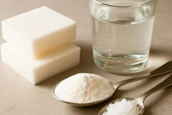 Eponges magiques accompagnees de bicarbonate, gros sel et verre d’eau.