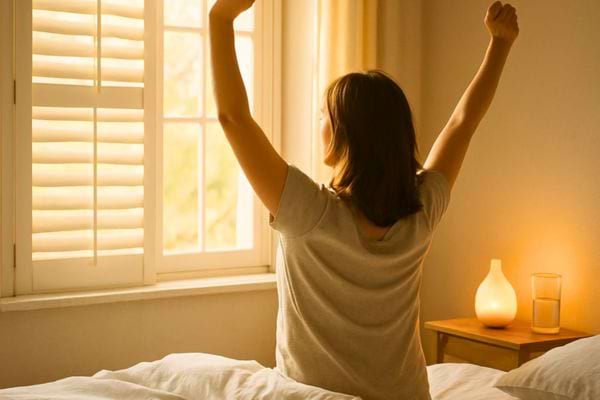 femme qui s etire devant une fenetre ensoleillee.
