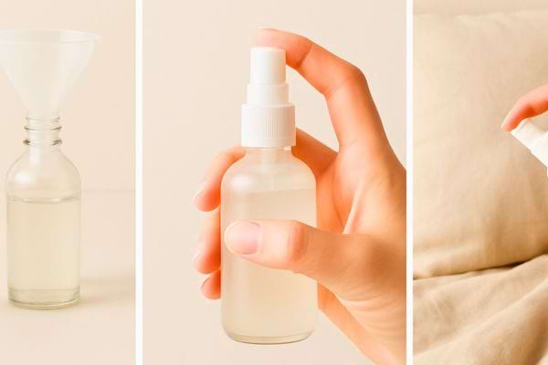 Trois etapes montrent la preparation et l’utilisation d’un spray maison sur le lit.