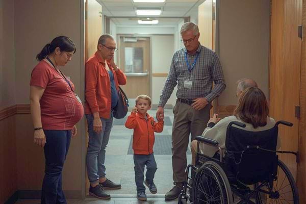 Famille debout dans un couloir d’hôpital, près d’une personne en fauteuil roulant.