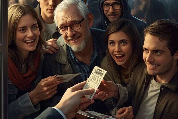 Groupe de personnes souriantes recevant un ticket de loterie avec enthousiasme.