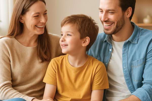 Une famille souriante assise ensemble dans le salon.