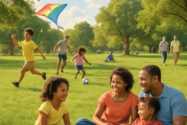 Une famille profite du parc pendant que des enfants jouent et font voler un cerf-volant.