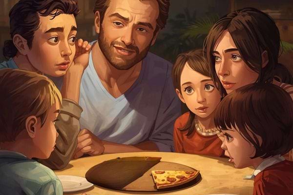 Famille réunie autour d’une table partageant une pizza, ambiance chaleureuse.