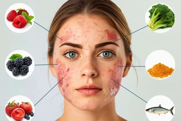 Femme avec de l’acné au visage entourée d’aliments bons pour la peau.